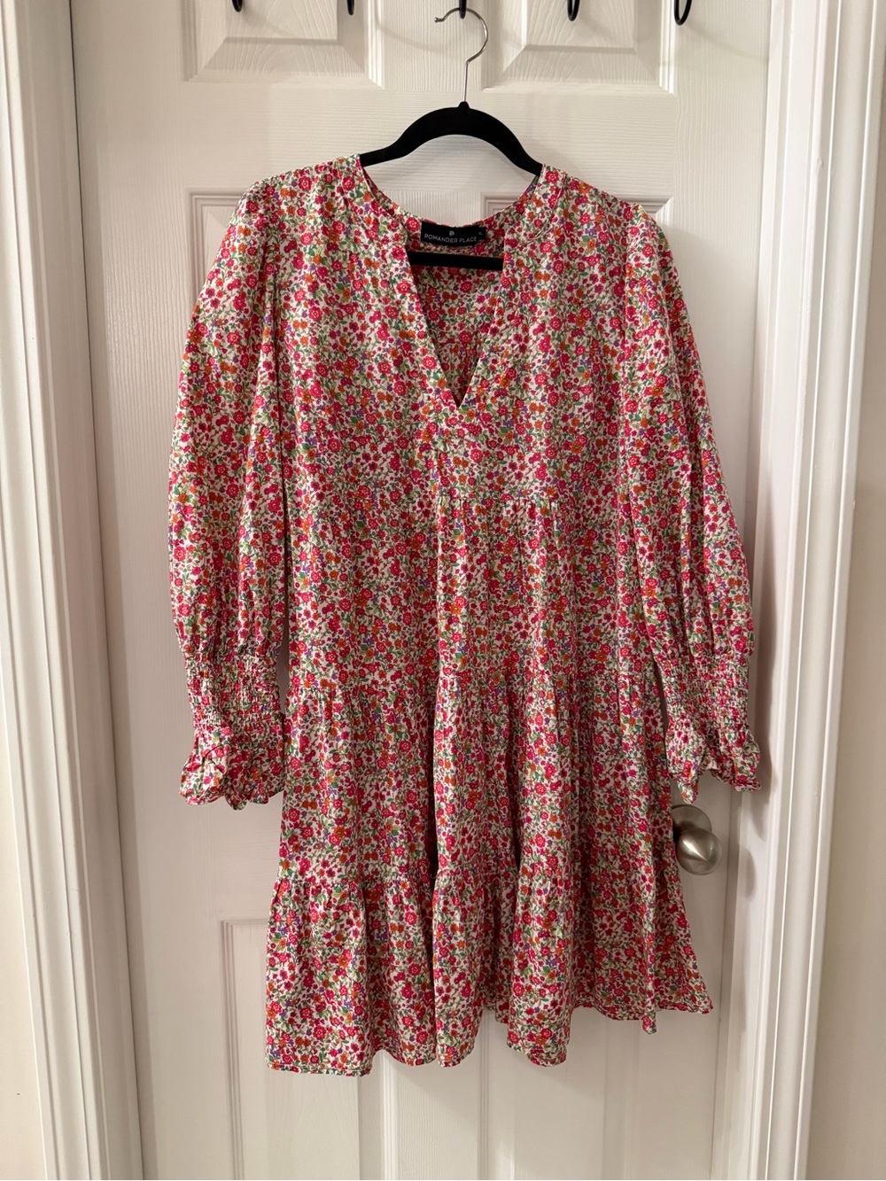 Floral V‑Neck Tiered Mini Dress in Pink & Green